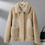 Veste teddy oversize femme à col et poches plaquées – Camel