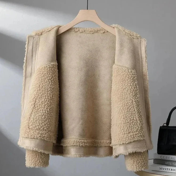 Veste teddy oversize femme – Camel, détail de l’intérieur