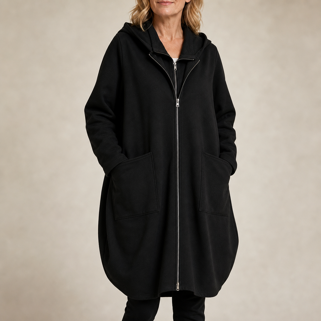 Weldrika – Manteau mi-long femme à capuche – Noir – Vue de face