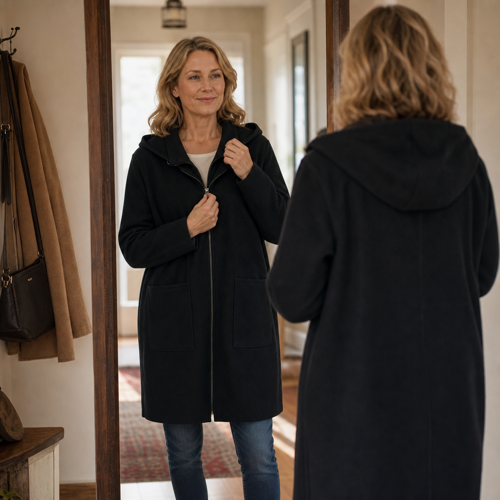 Weldrika – Manteau mi-long femme à capuche – Noir – Vue de dos