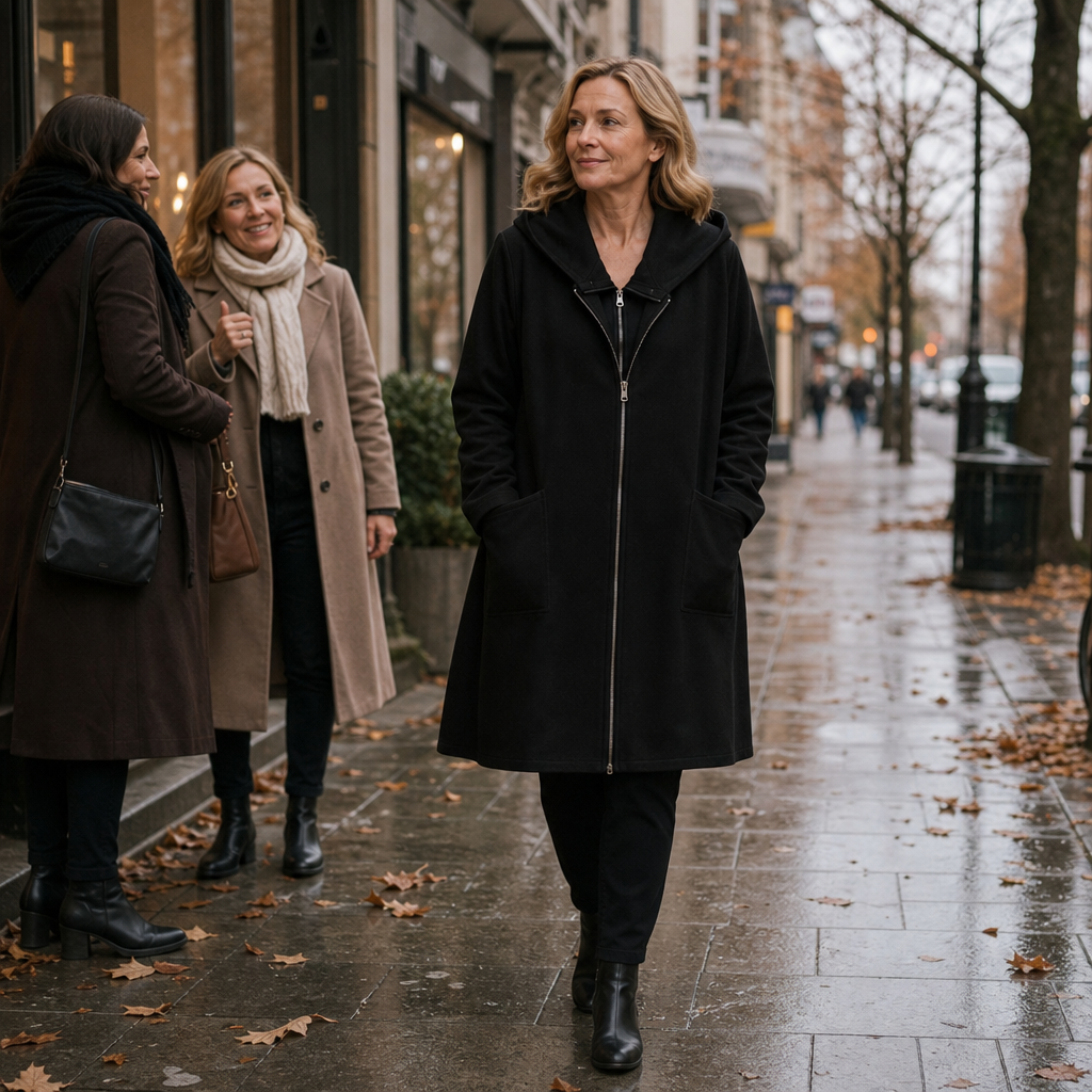 Weldrika – Manteau mi-long femme à capuche – Noir – Porté en ville