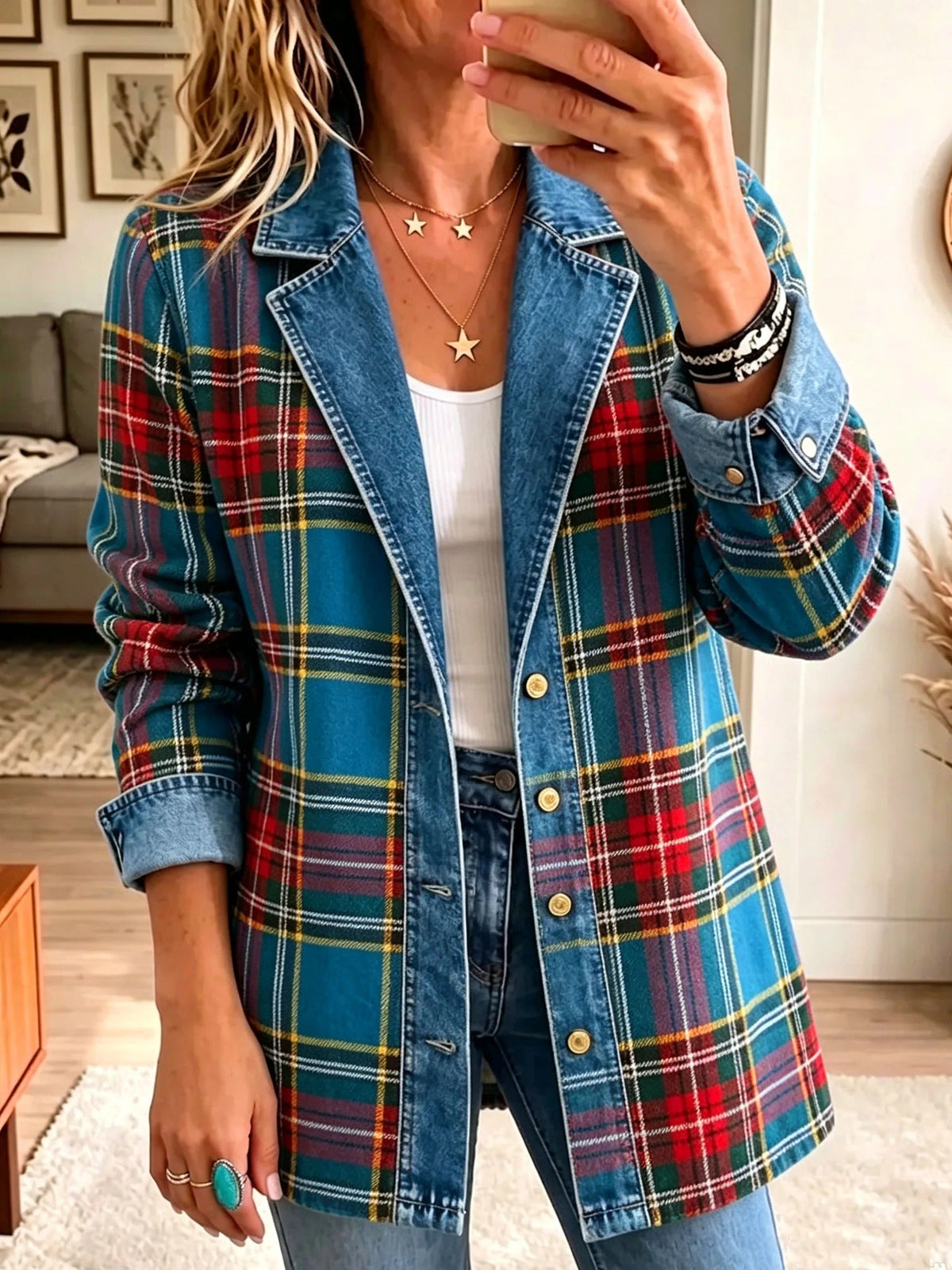 Madison – Blazer en jean à patchwork tartan