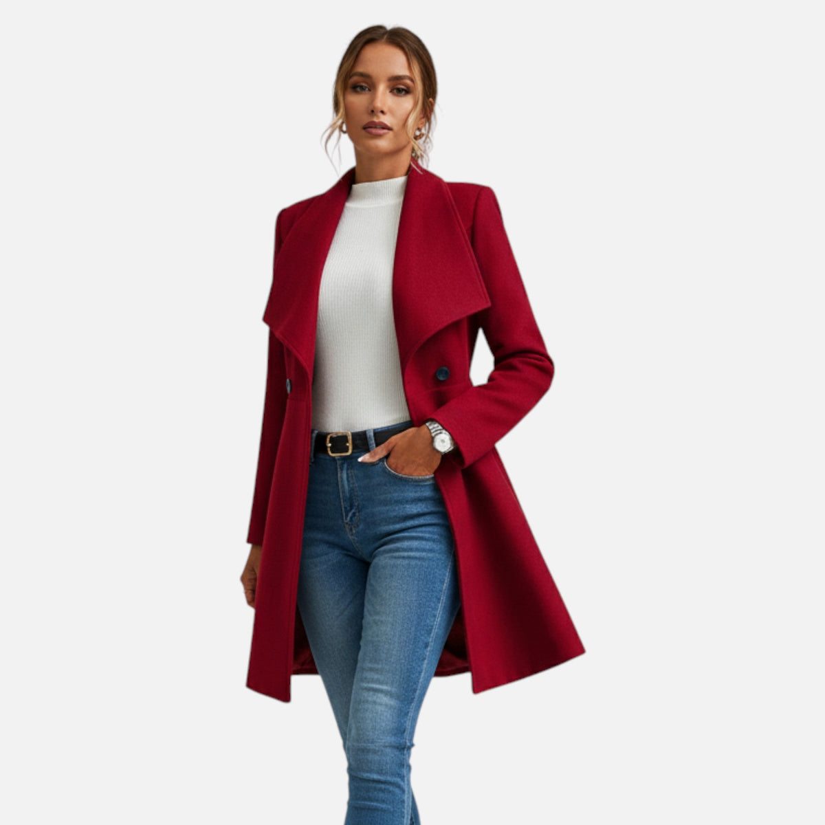Manteau d’hiver en laine mélangée à col à revers, porté de face