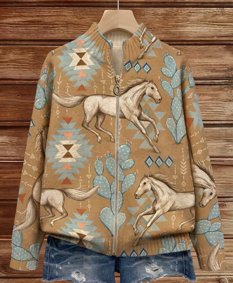 Capucine - Cardigan zippé à imprimé chevaux et cactus