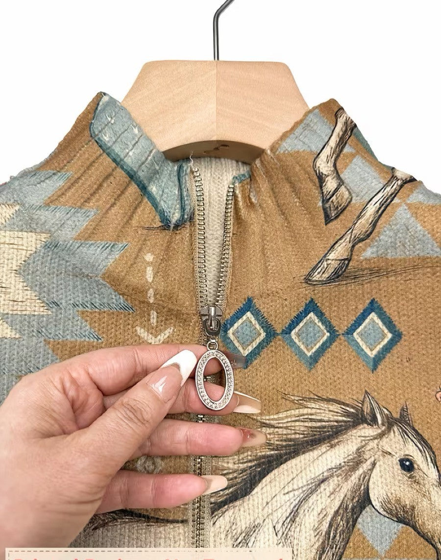 Capucine - Cardigan zippé à imprimé chevaux et cactus