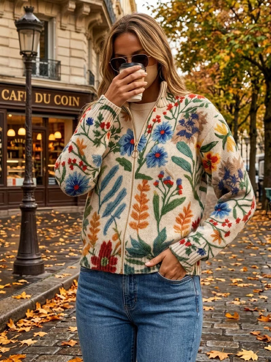 Élise - Cardigan zippé à imprimé jardin botanique