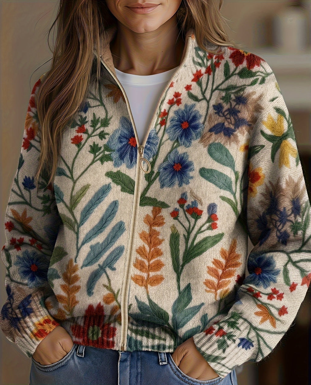 Élise - Cardigan zippé à imprimé jardin botanique