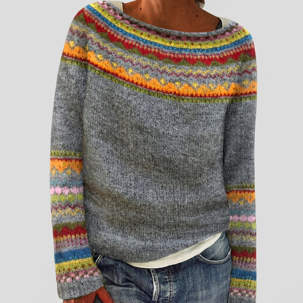 Sylvette - Pull rétro gris à empiècement jacquard multicolore