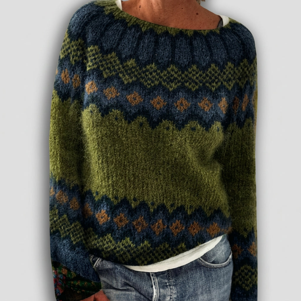 Romane - Pull rétro vert olive à jacquard nordique