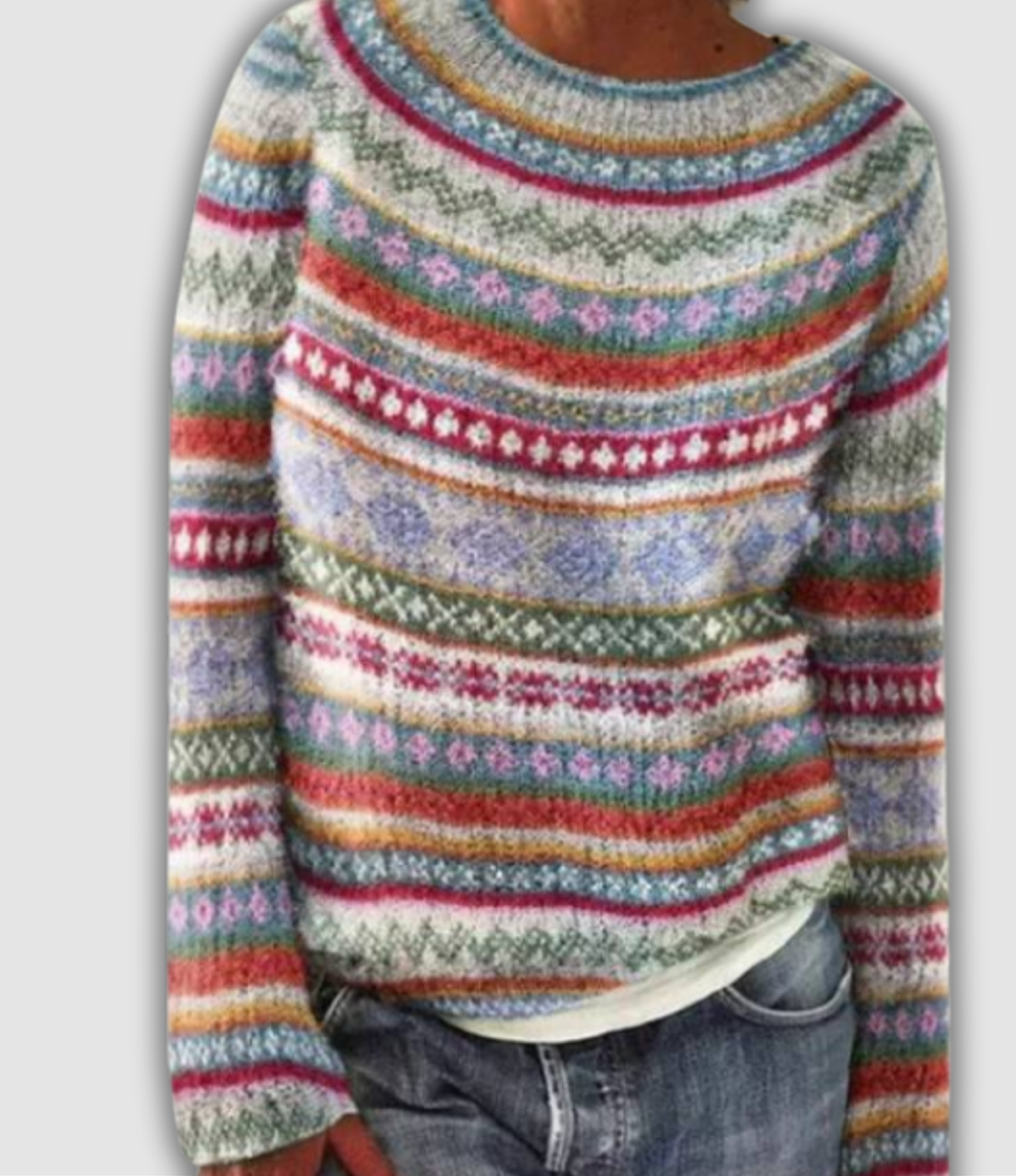 Paulette - Pull rétro à bandes jacquard pastel et rouge