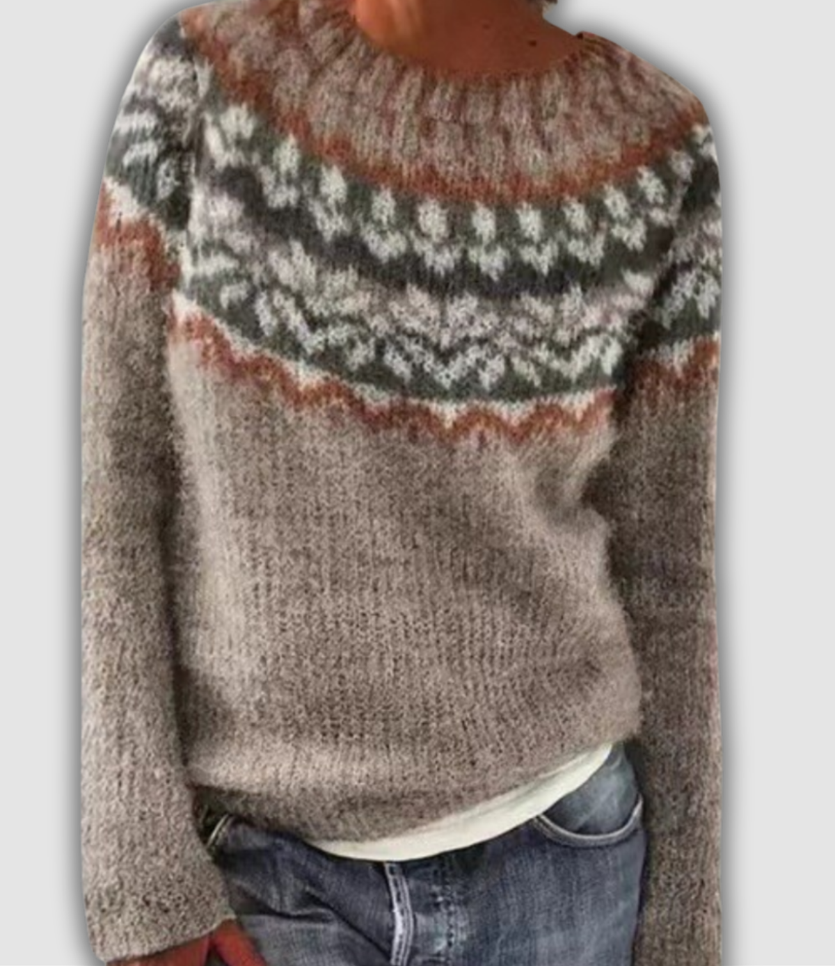 Suzanne - Pull rétro beige à empiècement rouille et gris