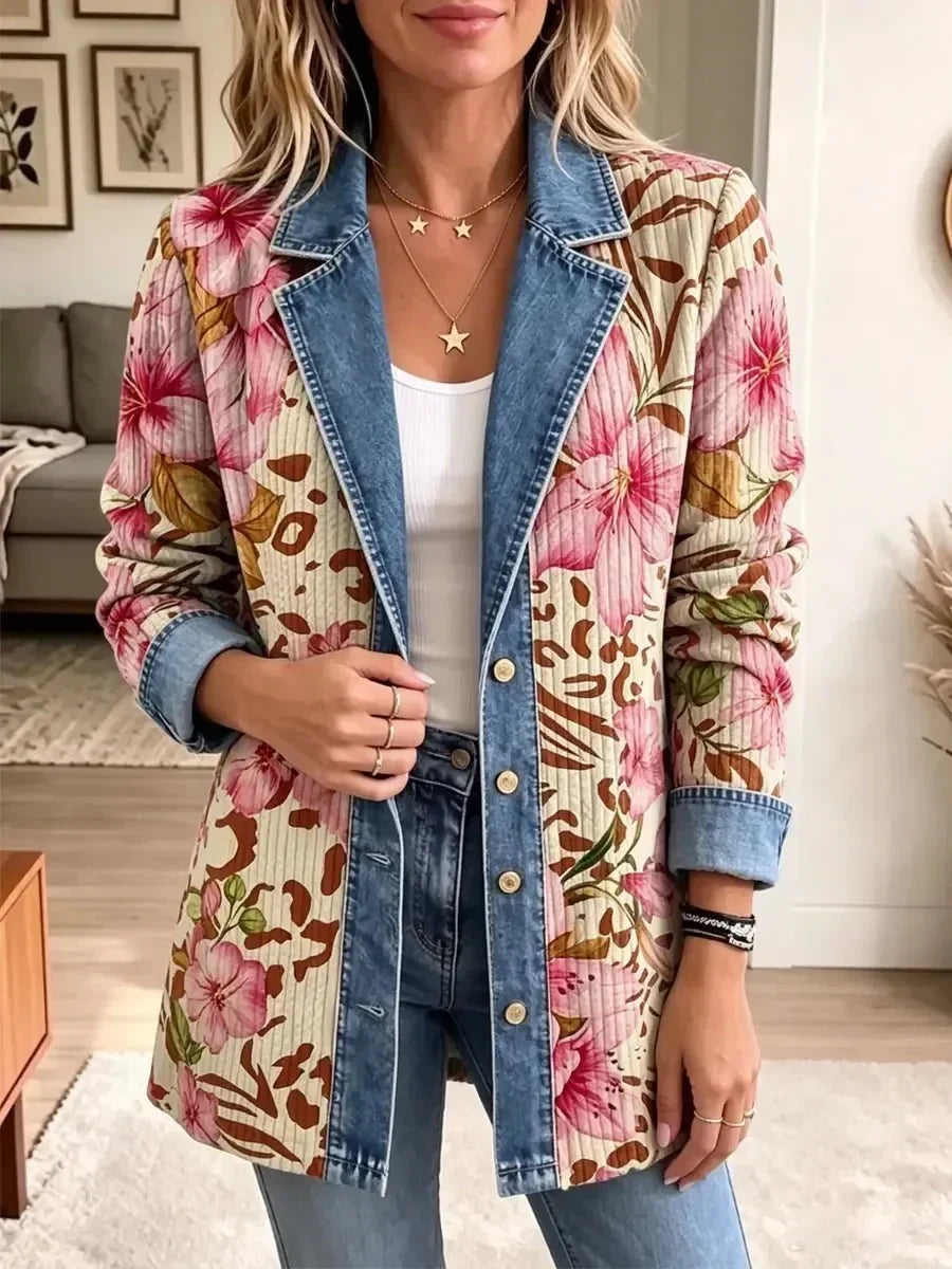 Violet – Veste rétro à imprimé floral et léopard