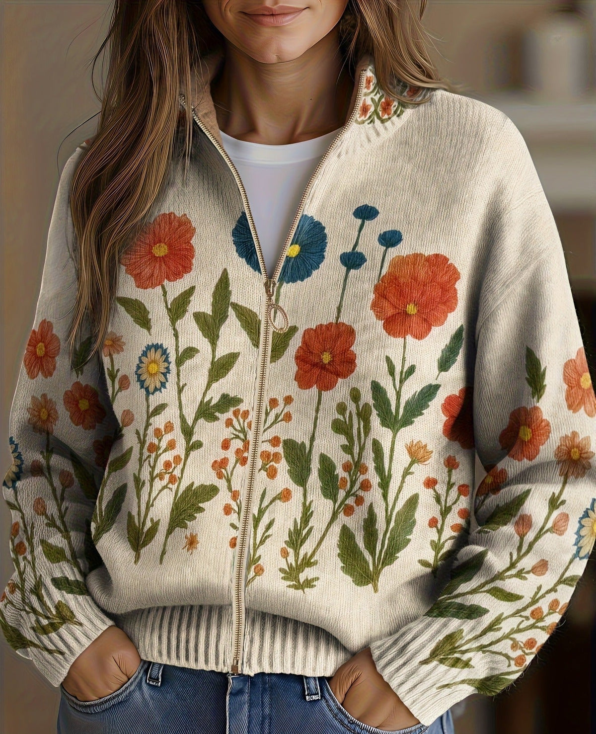 Bérénice - Cardigan zippé à imprimé fleurs sauvages